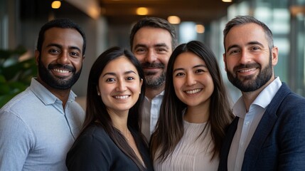 business portrait of four diverse colleagues, close-up on their smiling faces, a mix of ethnicities and genders, two men and two women, warm lighting and professional atmosphere in a modern office