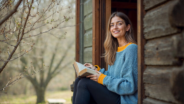 Smiling young woman reading book by rustic window in early spring