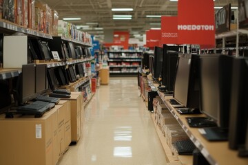 Fototapeta premium Discounted Electronics Display: A section of a store showcasing discounted electronics like TVs, laptops, and gaming consoles. Bright sale signs and banners emphasize the steep discounts. 