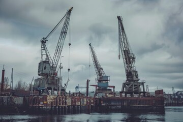 Fototapeta premium Towering cranes dominate a harbor scene under moody skies, evoking strength and industry amidst nature's backdrop.
