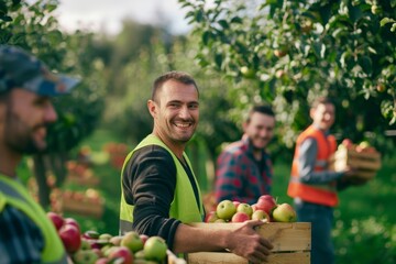 Smiling workers in an orchard harvest apples, surrounded by lush trees, symbolizing teamwork, agriculture, and a bountiful harvest.