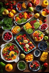 Fototapeta premium vibrant colorful food arrangements showcasing various vegetables engaging layout designs, appetizer, berry, cocktail, cuisine, dessert, dish, drink