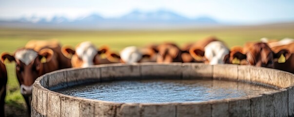 Naklejka premium A tranquil rural scene featuring cows gathered around a wooden water trough, surrounded by lush fields and distant mountains.