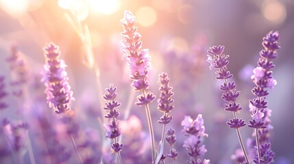 A field of lavender flowers at sunset.