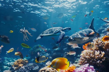 A serene underwater scene with a sea turtle gracefully swimming among vibrant fish and coral, illuminated by dappled sunlight.