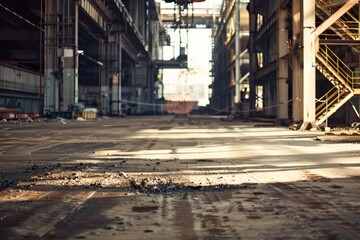 Naklejka premium Sunlight filters into an abandoned warehouse, casting dramatic shadows on its gritty floor, highlighting the industrial decay.
