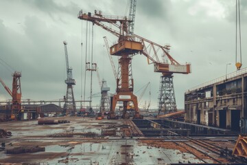 Industrial shipyard with towering cranes against a cloudy sky, embodying strength and purpose.