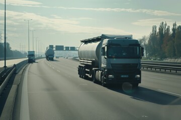 Tanker trucks drive along a highway, framed by a misty sky, symbolizing modern transport and industry.