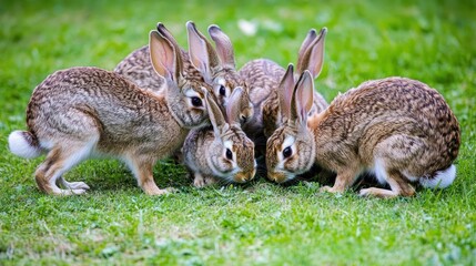 Obraz premium A group of five rabbits gathered on green grass, showcasing their natural behavior.