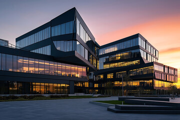 Obraz premium Modern office building with large glass windows reflecting a vibrant sunset sky, featuring a unique and angular architectural design.