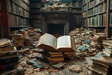 Obraz premium a pile of books in a room with a fireplace