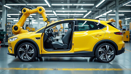 Obraz premium automation manufacturing of yellow painted electric car half completed side view produced by robotic arms isolated burry background