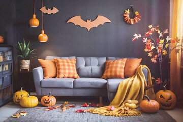 living room decorated for Halloween, a yellow blanket, pumpkins, and Halloween themed decor on the gray wall