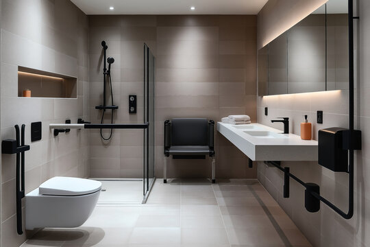 Modern accessible bathroom with beige tiles, a wall-mounted toilet, walk-in shower with grab bars, fold-down chair, double sink vanity with mirror, and under-sink supports. - Powered by Adobe