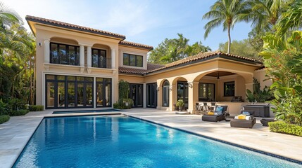 Fototapeta premium A beautiful two-story, luxurious home in the Miami area with an outdoor pool and large windows