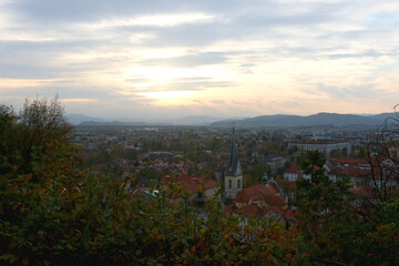 Aerial view of central Ljubljana, capital of  Slovenia, from Ljubljana Castle. Autumn in the picturesque city.