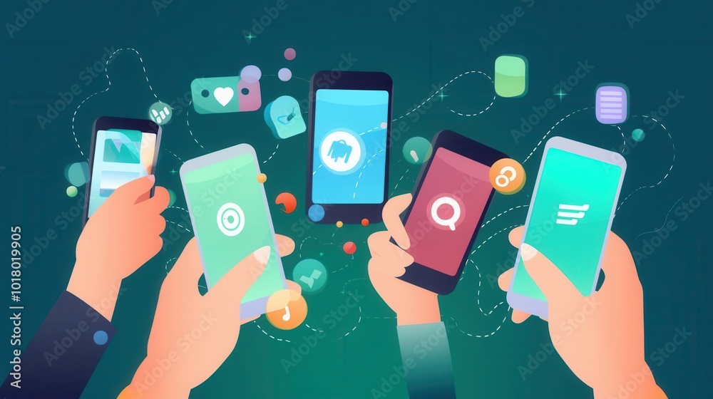 Poster Several hands grasp smartphones that display various social media applications, showcasing digital interaction in everyday life. Generative AI