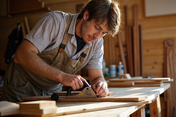 Young male carpenter works in his workshop.