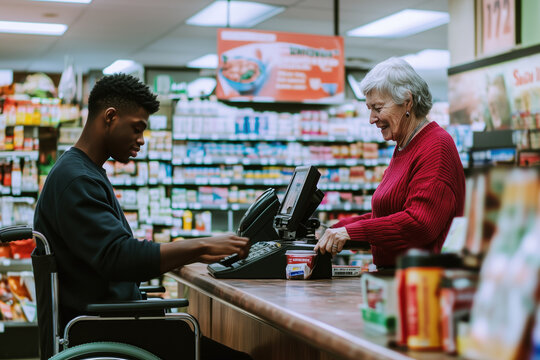 African American guy with a disability serves an elderly woman at the checkout.