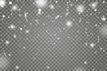 Christmas snowflakes on a transparent background. Realistic snow. Christmas and New Year decoration. Snow flakes, snow background.
