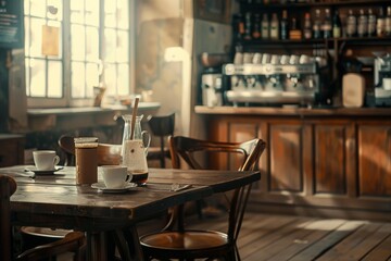 Cozy vintage café corner with warm sunlight filtering through the window, casting shadows on rustic wooden furniture, inviting relaxation.