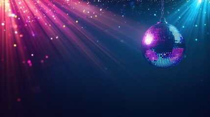 Colorful disco lights dancing off a shining disco ball, creating a dynamic party atmosphere with ample copy space.
