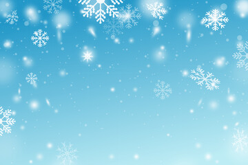 Christmas snow. Falling snowflakes on blue sky background for winter season. Christmas background with snowflakes. Snowfall weather white blue illustration.