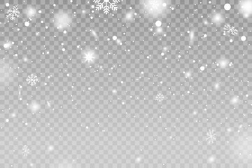 Snowflakes and blizzard on a transparent background. Christmas Winter Falling Snowflakes. New Year snowstorm or blizzard realistic backdrop.