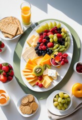colorful vibrant snack platter beautifully arranged sleek modern minimalist table setting, spread, arrangement, fruit, vegetable, dip, cheese, cracker