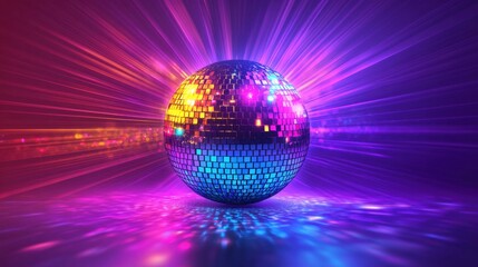 Disco ball shimmering in a colorful light show, perfect as a party night backdrop with empty space for text.