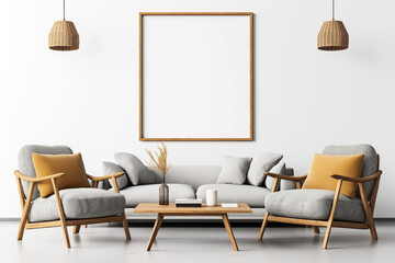 Modern living room interior with a gray sofa, two matching armchairs, wooden coffee table, and two pendant lamps. A blank picture frame hangs on the white wall.