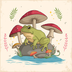 Hand drawn Cottagecore Goblincore Frog sitting on rock,Mushroom and water. Cottagecore style frog