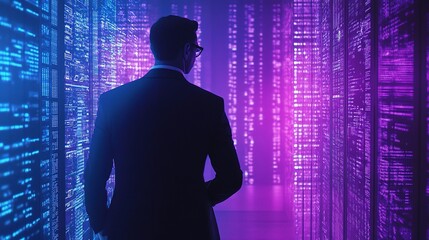 Futuristic Data Corridor with Businessperson