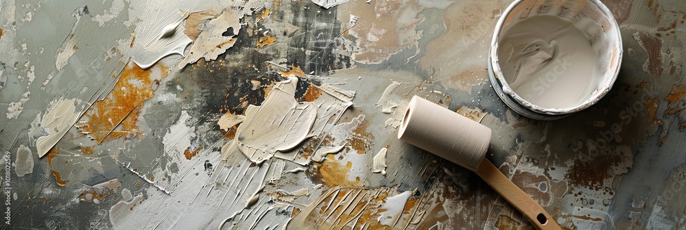 Poster A roller and empty container sit on a textured surface covered in various layers of paint, indicating an artistic project in progress. Generative AI