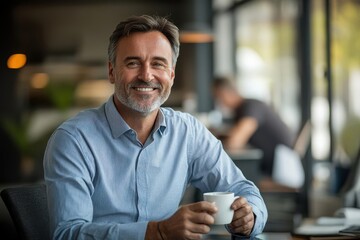 Smiling middle-aged man in a blue shirt enjoying a cup of coffee in a modern, cozy cafe with blurred background.