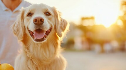 Golden Retriever Enjoying Warm Sunset Walk