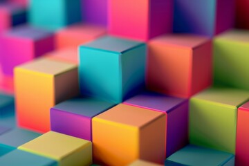 Obraz premium A cascade of colorful geometric cubes creates a vivid and dynamic abstract composition, drawing the eye to its playful arrangement and vibrant hues.