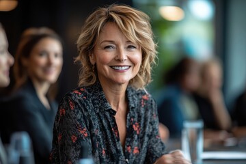 Fototapeta premium Smiling woman sitting at a table in a busy professional environment, surrounded by colleagues, conveying confidence and approachability.