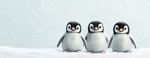 Obraz premium Three adorable penguins stand together in a snowy landscape, surrounded by falling snowflakes, exuding a cute and playful winter vibe.