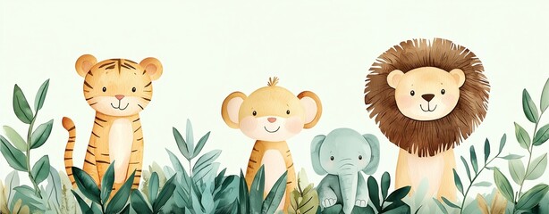 A charming illustration of four cute animals: two tigers, a lion, and an elephant, surrounded by lush foliage and greenery.