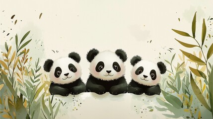 Obraz premium Three cute panda characters are nestled together amidst gentle foliage, embodying a charming and whimsical atmosphere.