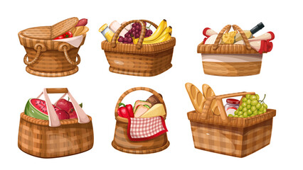 Wicker cartoon basket with picnic food set. Funny retro wooden box collection with open lid and handles. Kitchen storage, date mascots, cartoon baskets with fruit, wine and cheese vector illustration