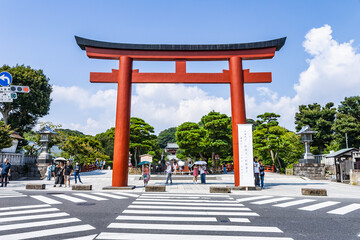 Giant Torii Gate at Street Entrance of Tsurugaoka Hachimangu Shrine, with Pedestrian Crosswalk and...