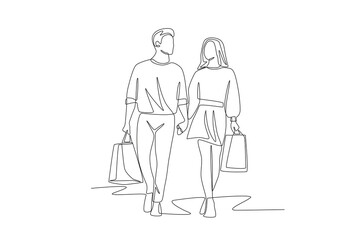 Couple shopping using shopping bags. Couple shopping concept one-line drawing