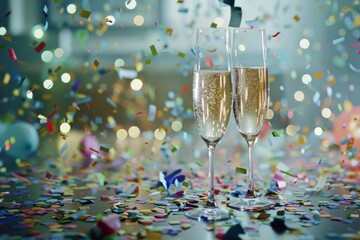 Two champagne flutes stand amid vibrant confetti, highlighting the joy and exuberance of the celebration.