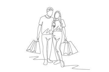 Couple shopping using shopping bags. Couple shopping concept one-line drawing