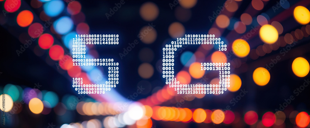 Aufkleber blurred lights background with 5g network tech binary code digital modern technology data