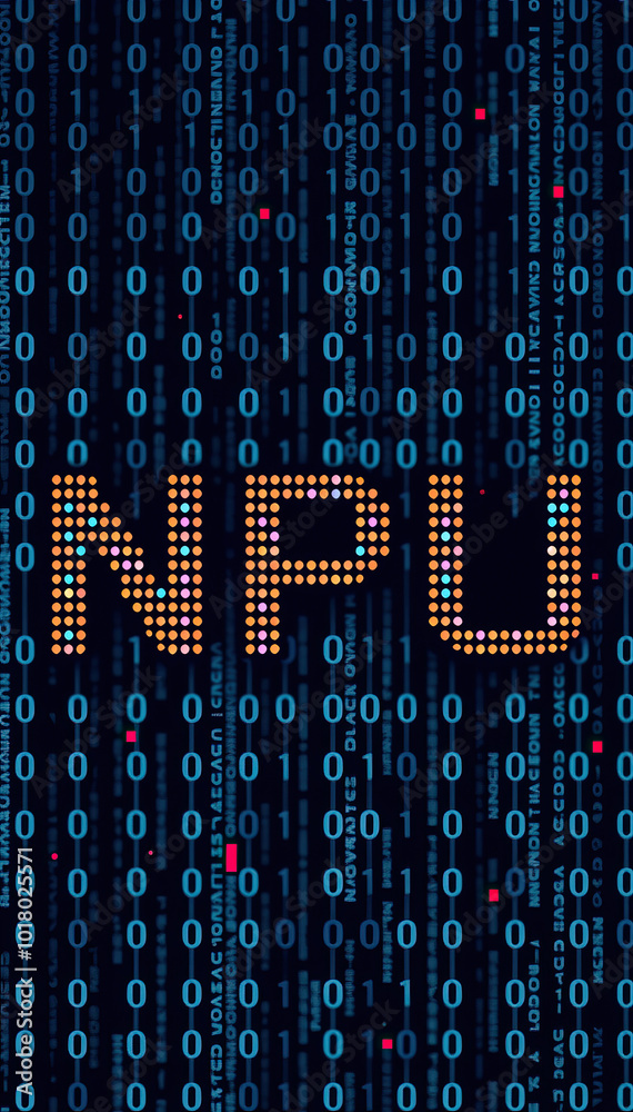 Fototapete digital binary code matrix background with glowing letters npu neural processing unit technology concept vertical format