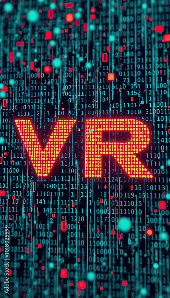 Aufkleber digital binary code matrix technology background with red green dots forming vr virtual reality text vertical format