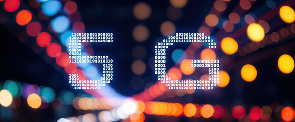 blurred lights background with 5g network tech binary code digital modern technology data